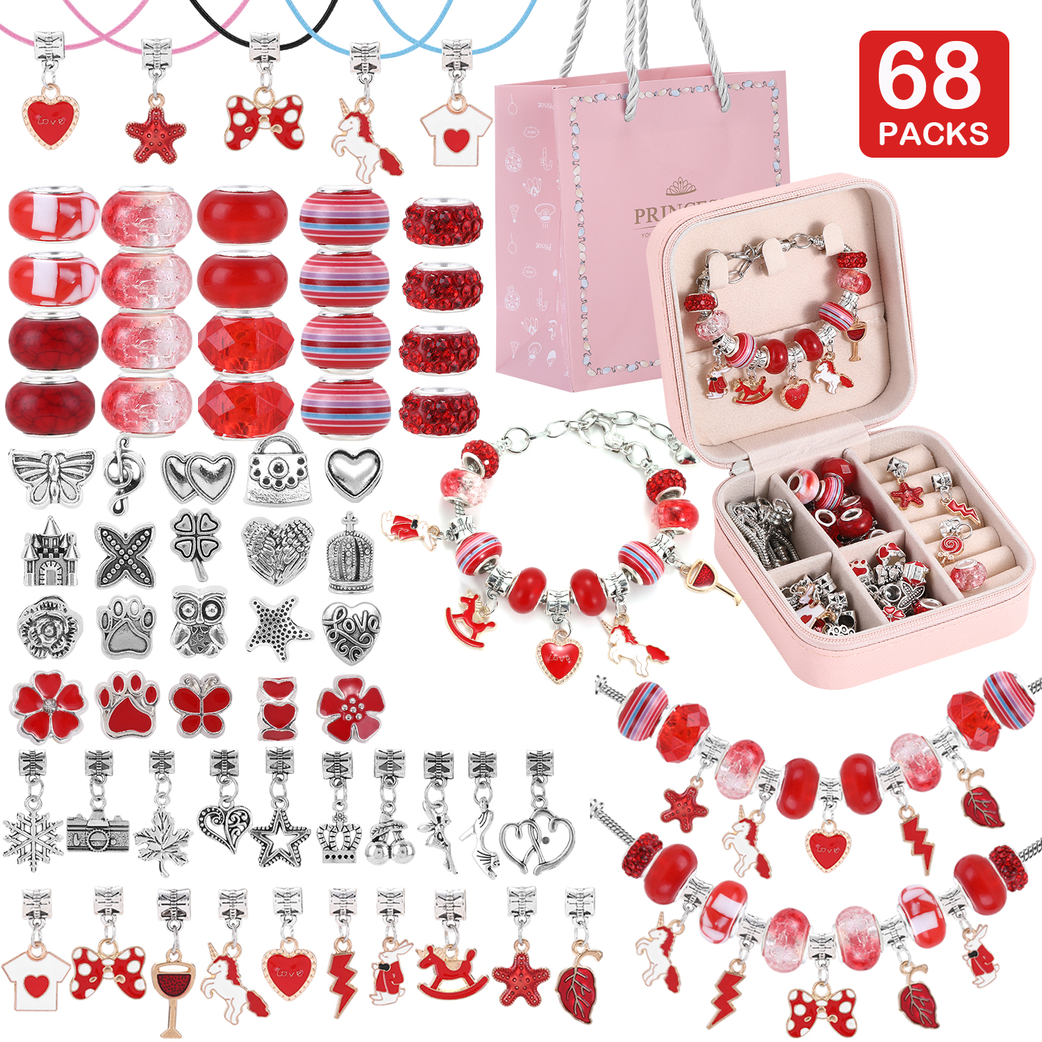 Resin Art Box - 68-Piece Beaded Bracelet Making Kit, Red